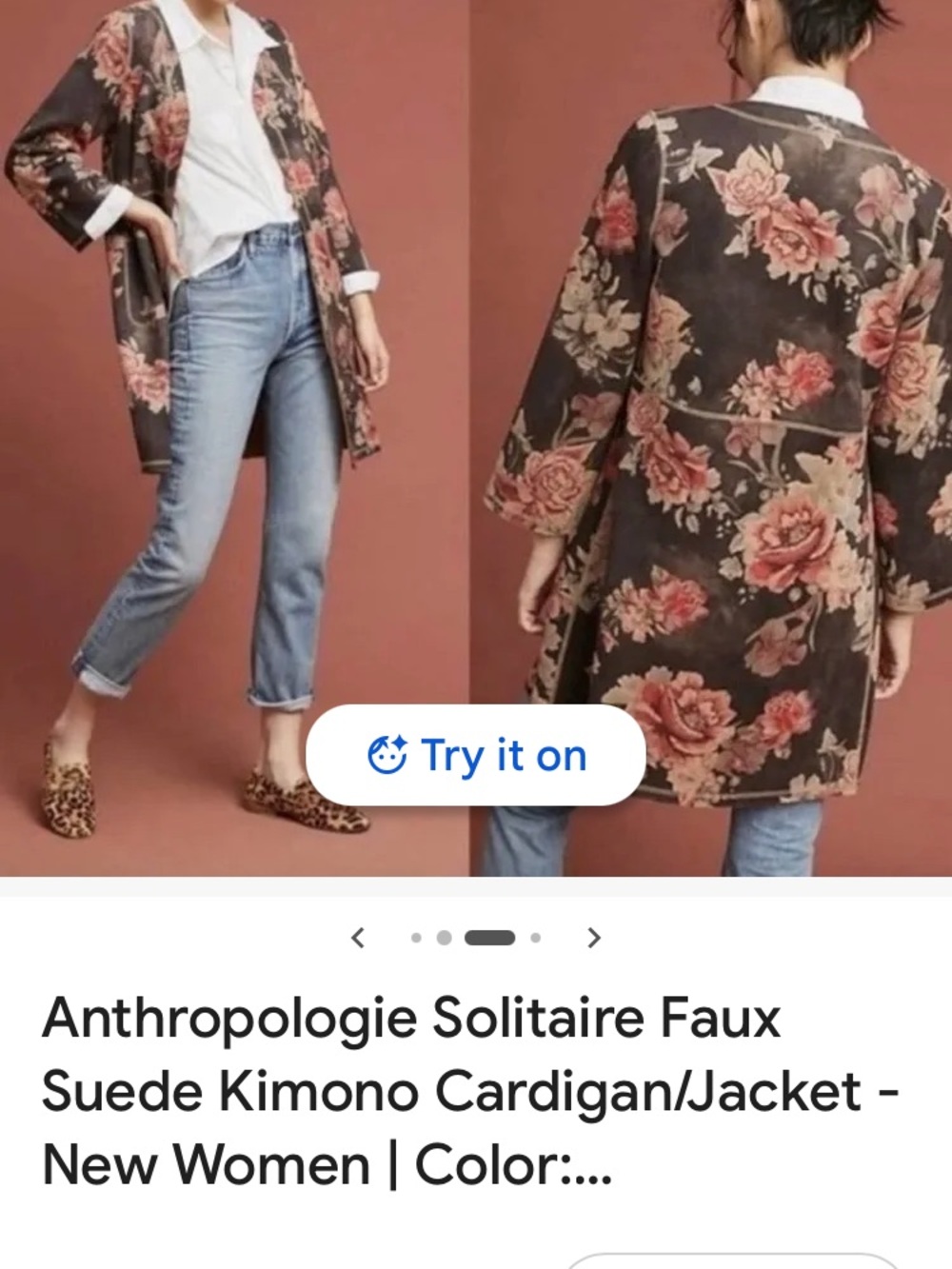 Solitaire Anthropologie Faux Suede Kimono Gray Coat with Pink Floral Print